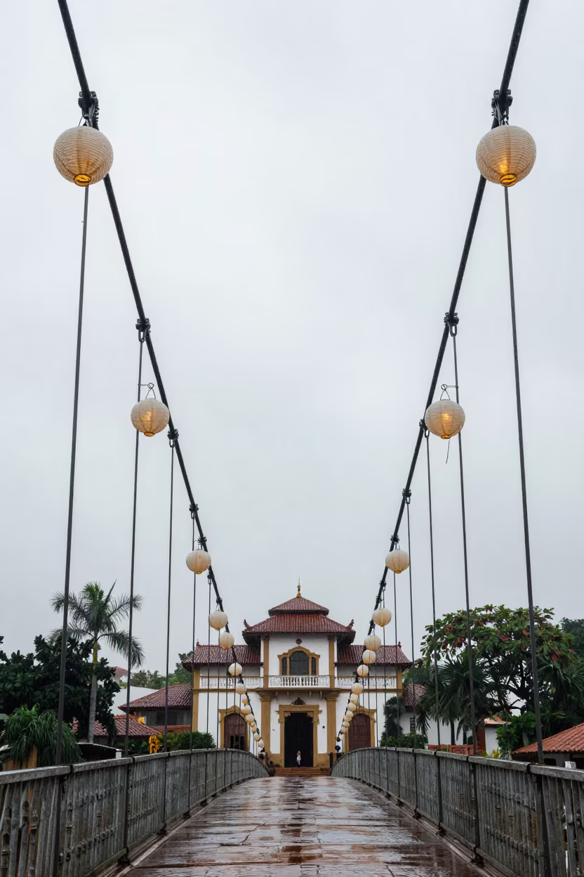 Suspension Cables Over Lantern Temple Rain in in a lantern-lined temple precinct in Campo Grande