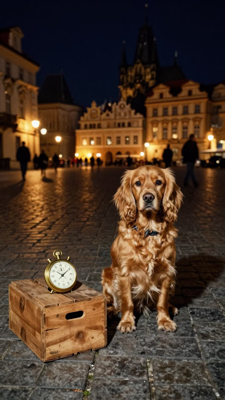 Sussex Spaniel and Vintage Watch in Prague Night Street Scene in in Prague, Czech Republic