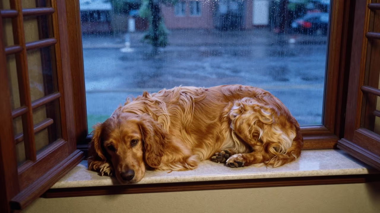 Sussex Spaniel on Window Seat in Khartoum Apartment in on a window seat in a quiet apartment with soft side light in Khartoum