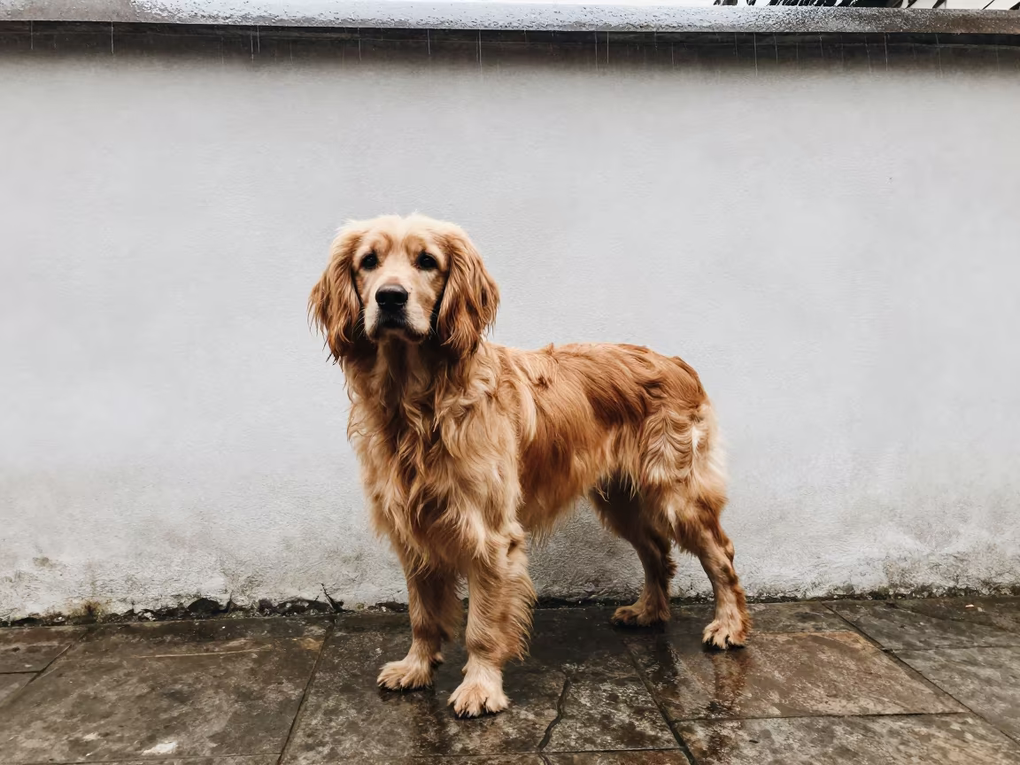 Sussex Spaniel Portrait in Jamalpur Courtyard in beside a plain courtyard wall in clear daylight with the animal at eye level in Jamalpur