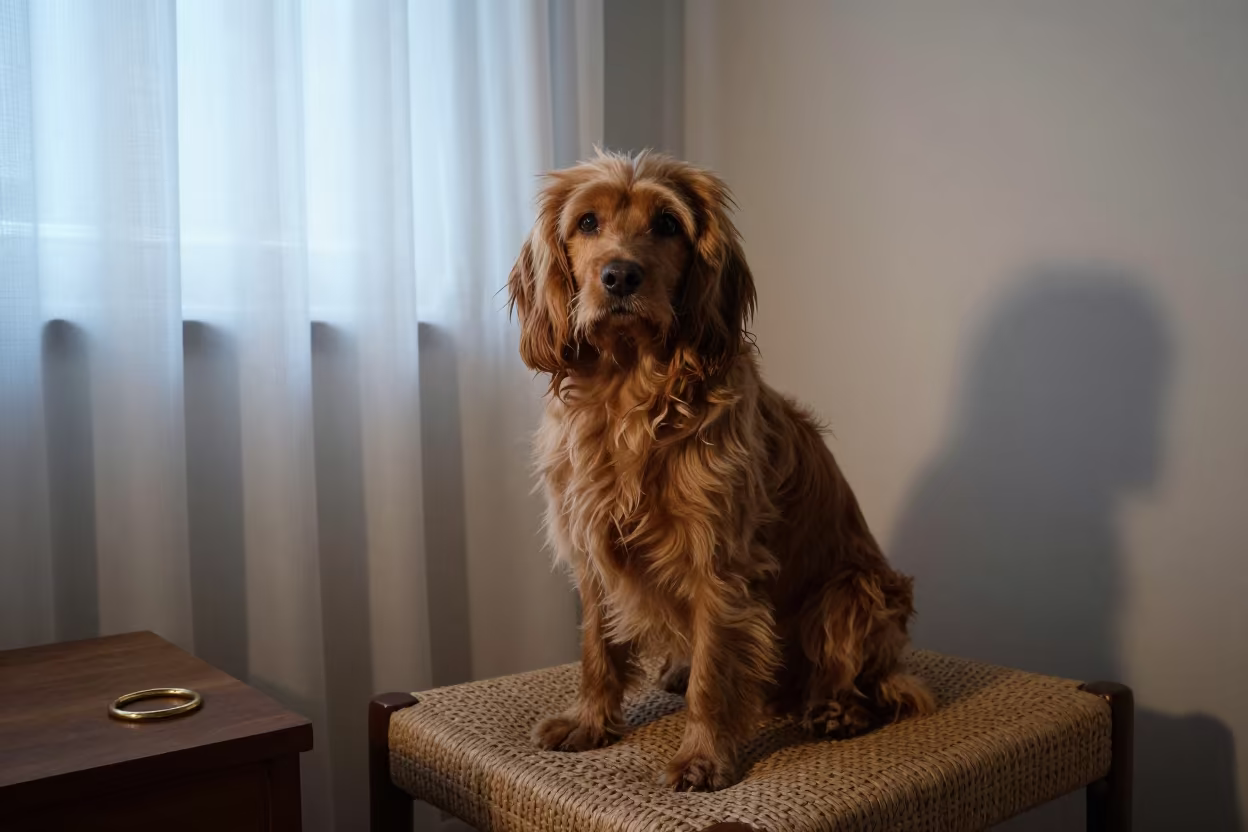 Sussex Spaniel Portrait in Peshawar Window Light in on a sofa near a curtained window with calm indoor light near Peshawar