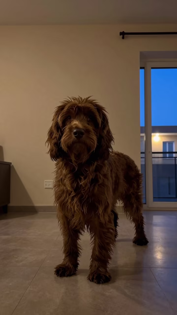 Sussex Spaniel Portrait in Tehran Apartment in beside a plain plaster wall in soft indoor light with the animal centered in frame in Tehran