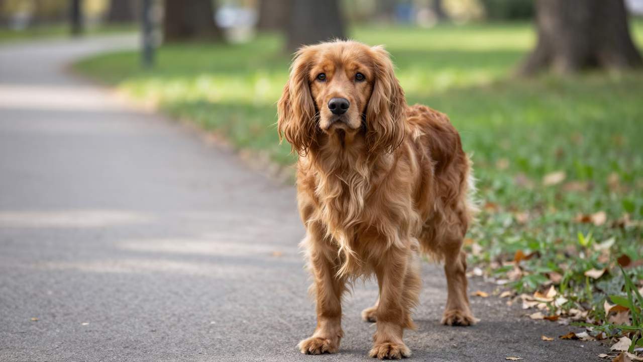 Sussex Spaniel Portrait on Reggio Emilia Path in along a quiet park path with soft open shade and a clean background near Reggio Emilia