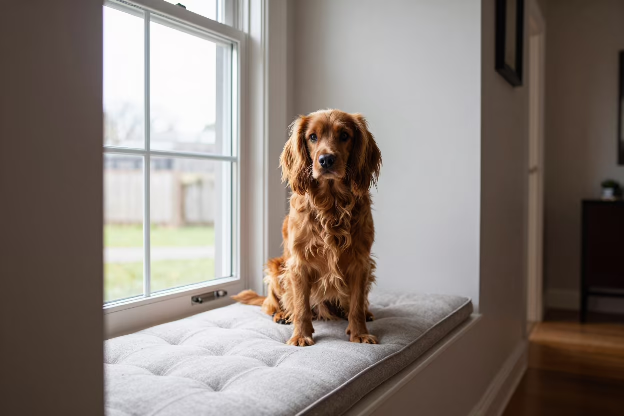 Sussex Spaniel Portrait on Window Seat in Mascara in on a cushioned window seat with soft side light and an uncluttered background in Mascara