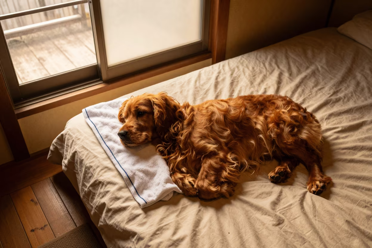 Sussex Spaniel Resting on Bedspread in Osaka Window Light in on a bedspread near a bright window with calm indoor light in Nakazakicho, Osaka