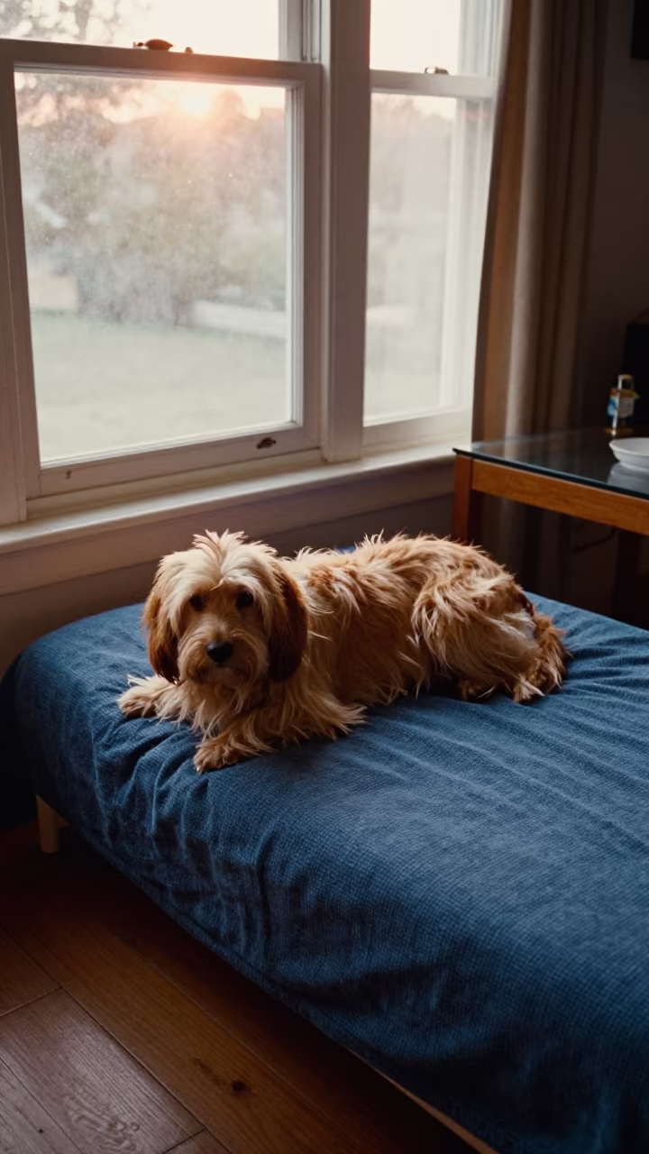 Sussex Spaniel Resting on Bedspread in San Jose Home in on a bedspread near a bright window with calm indoor light in San Jose