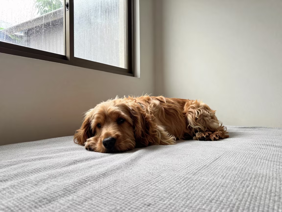 Sussex Spaniel Resting on Bedspread Near Window in on a bedspread near a bright window with calm indoor light in Bandung