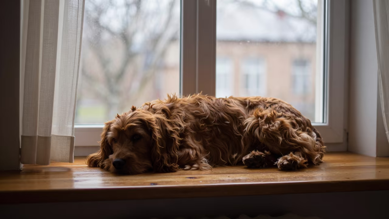 Sussex Spaniel Resting on Window Seat in on a window seat in a quiet apartment with soft side light in Odessa