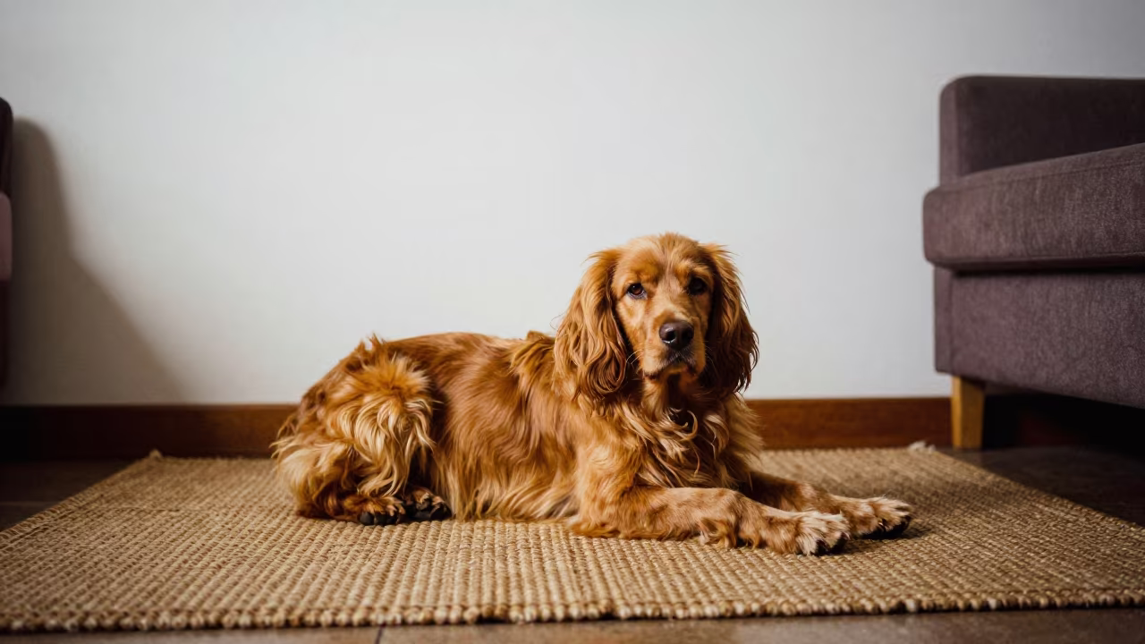Sussex Spaniel Resting on Woven Rug at Home in on a woven rug beside a low couch and an uncluttered wall in Sacaba