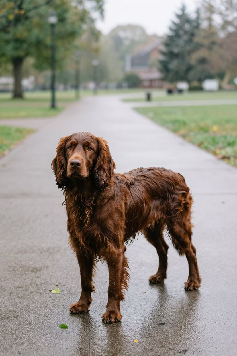 Sussex Spaniel Standing Quietly on Park Path in along a quiet park path with soft open shade and a clean background in Monrovia