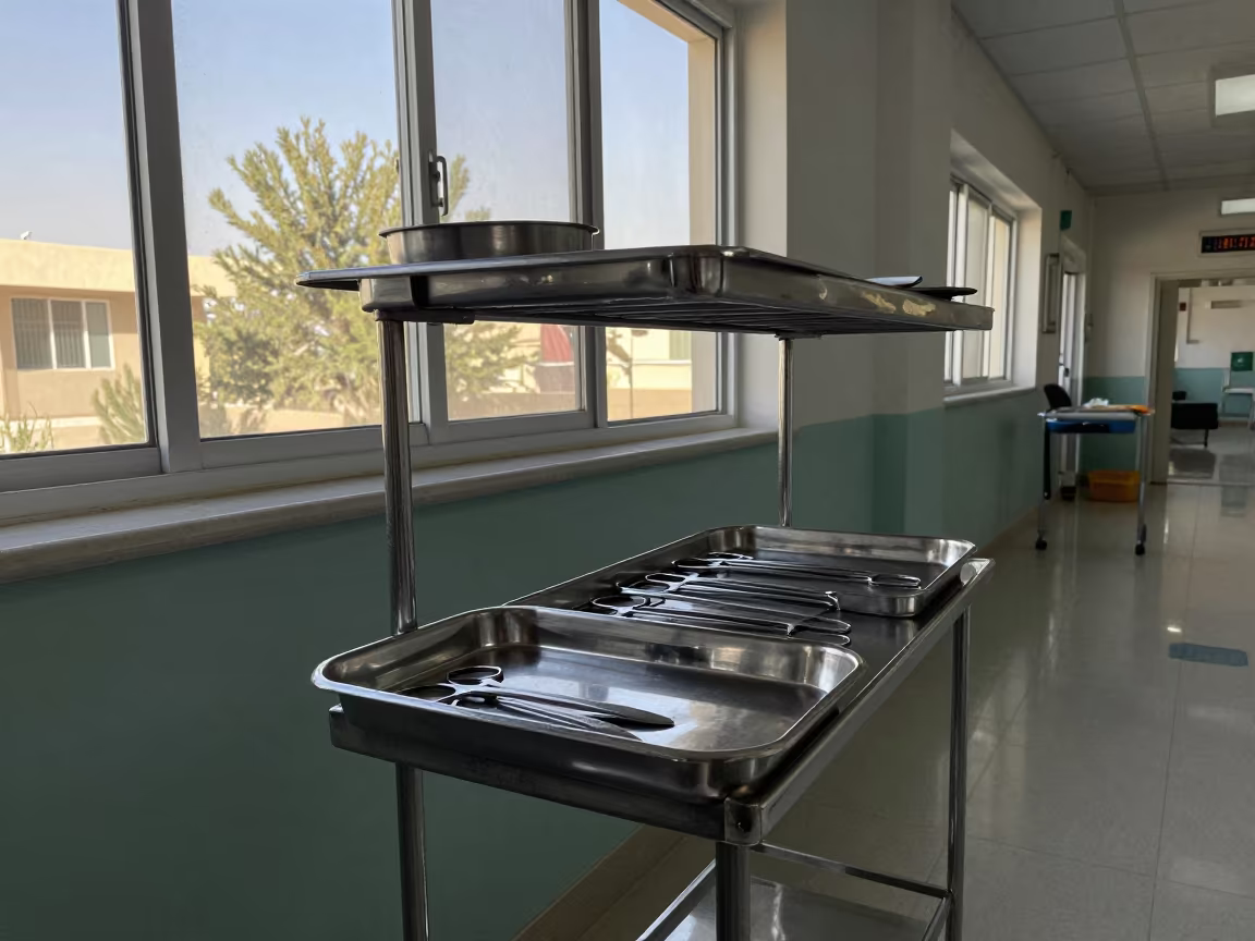 Suture Tray Shelf in Kafr el-Dawwar Hospital Corridor in inside a hospital corridor in Kafr el-Dawwar
