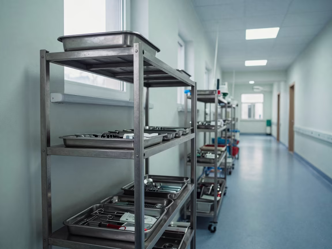 Suture Tray Shelf in Semey Hospital Corridor in inside a hospital corridor near Semey