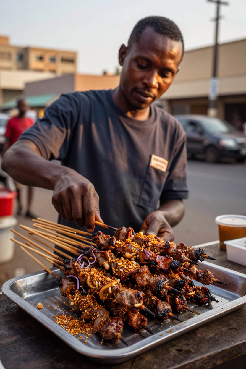 Suya Skewers and Groundnut Spice in Honeyed Evening Light Johannesburg Street Food Scene in in Johannesburg, South Africa