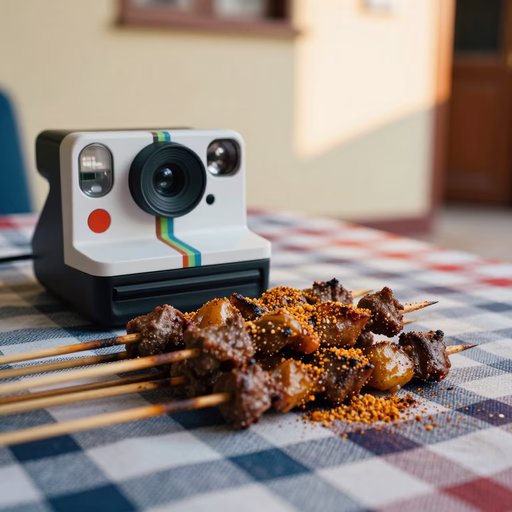 Suya Skewers with Groundnut Spice on Picnic Blanket in on a picnic blanket in Benghazi