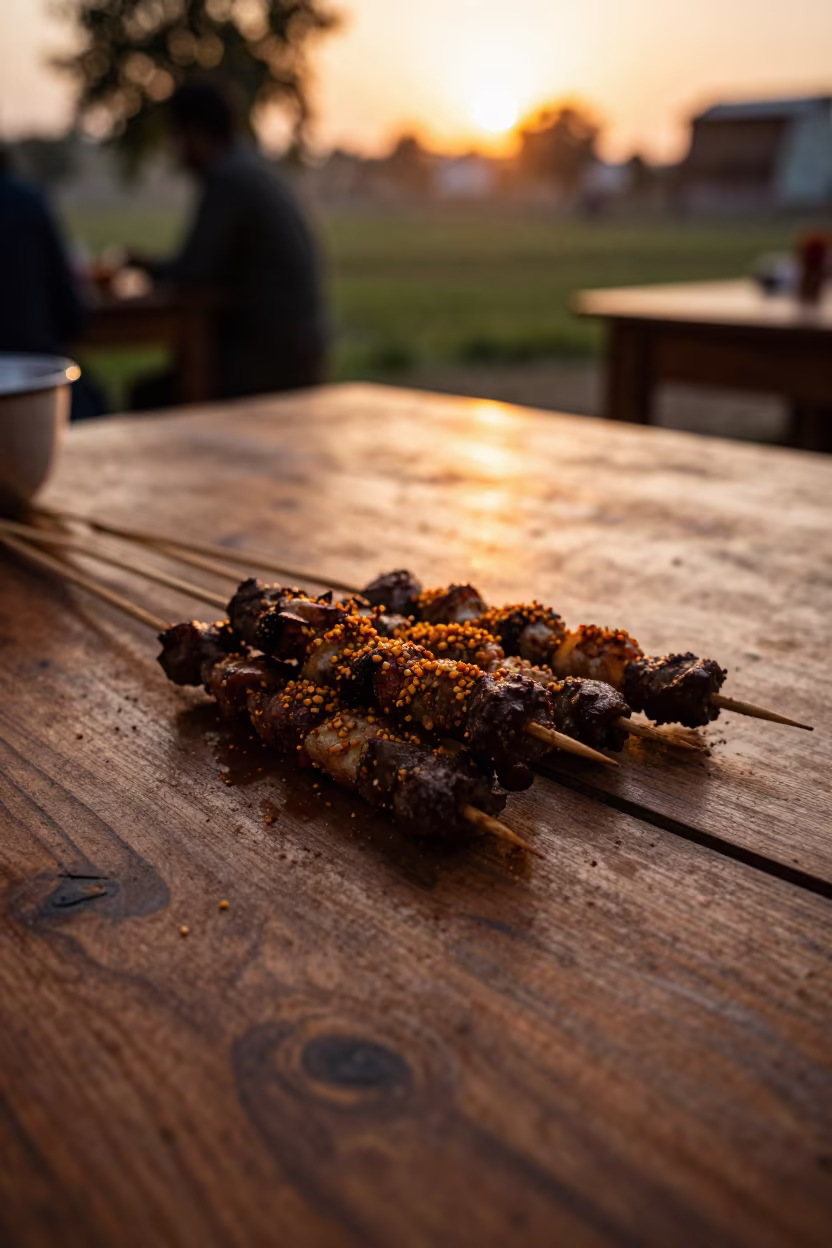 Suya Skewers Groundnut Spice Rustic Table Srinagar in on a rustic wooden table in Srinagar