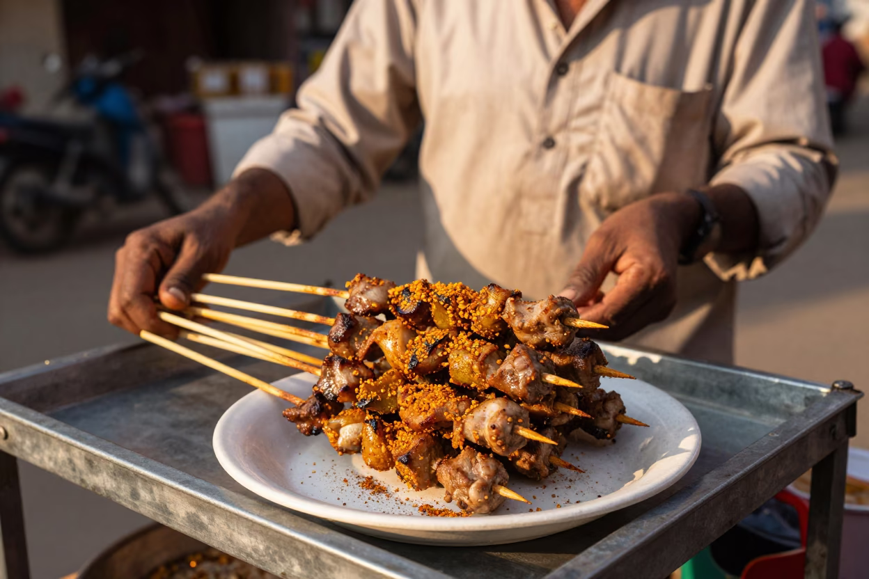 Suya Skewers in Delhi at Clear Late-afternoon Light in in Delhi, India