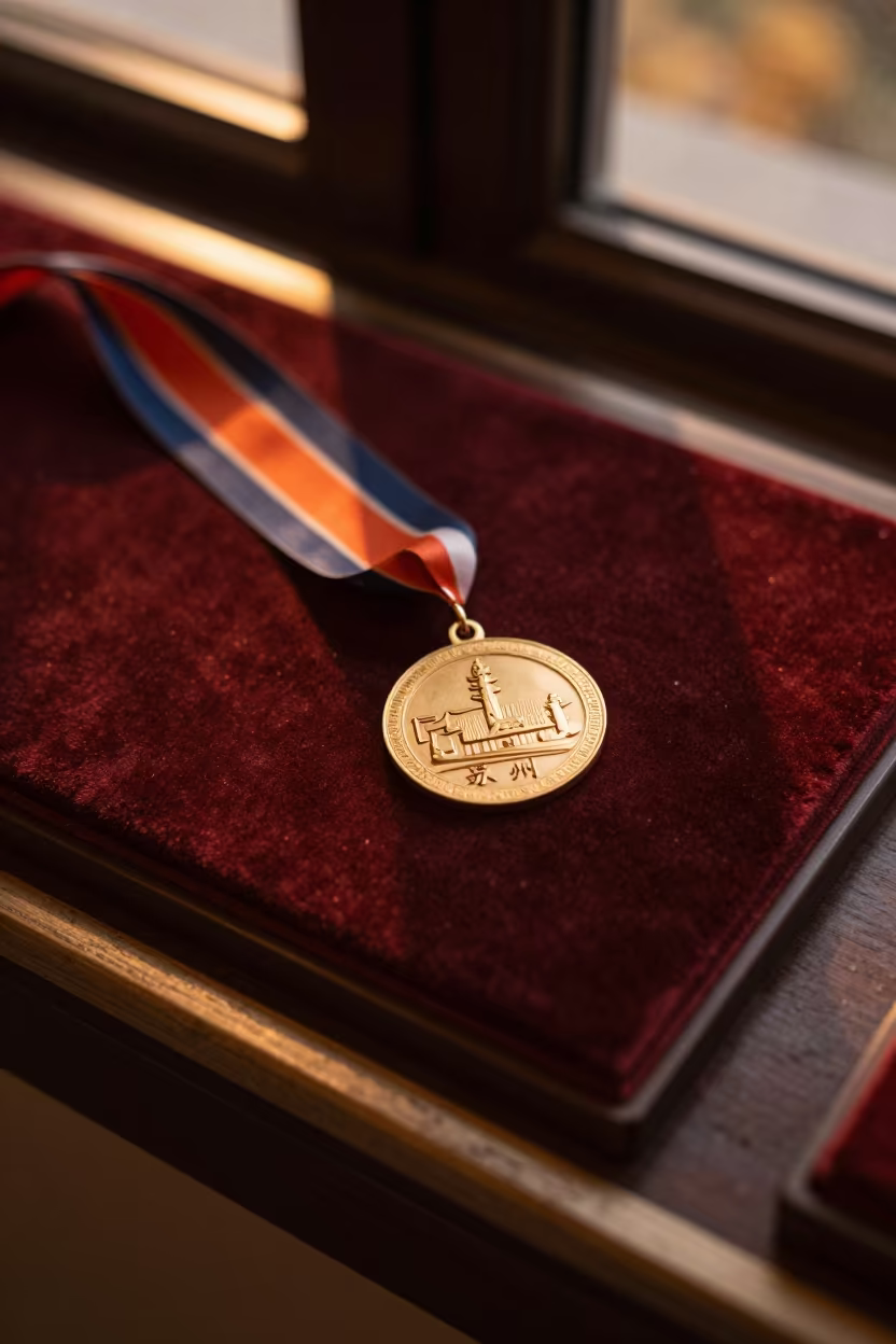 Suzhou Medal Ribbon Amber Light Velvet in on a painted display ledge in Suzhou