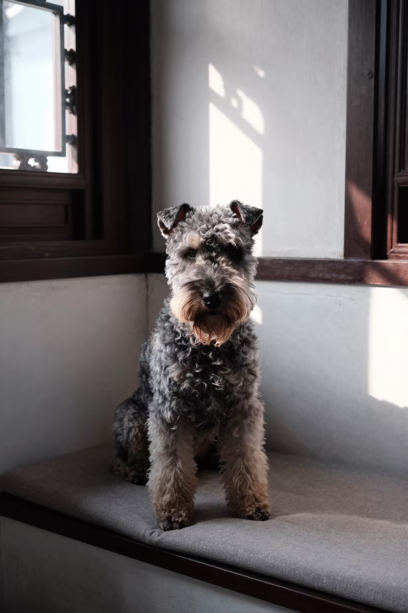Suzhou Window Portrait of Bouvier des Flandres in on a cushioned window seat with soft side light and an uncluttered background near Suzhou