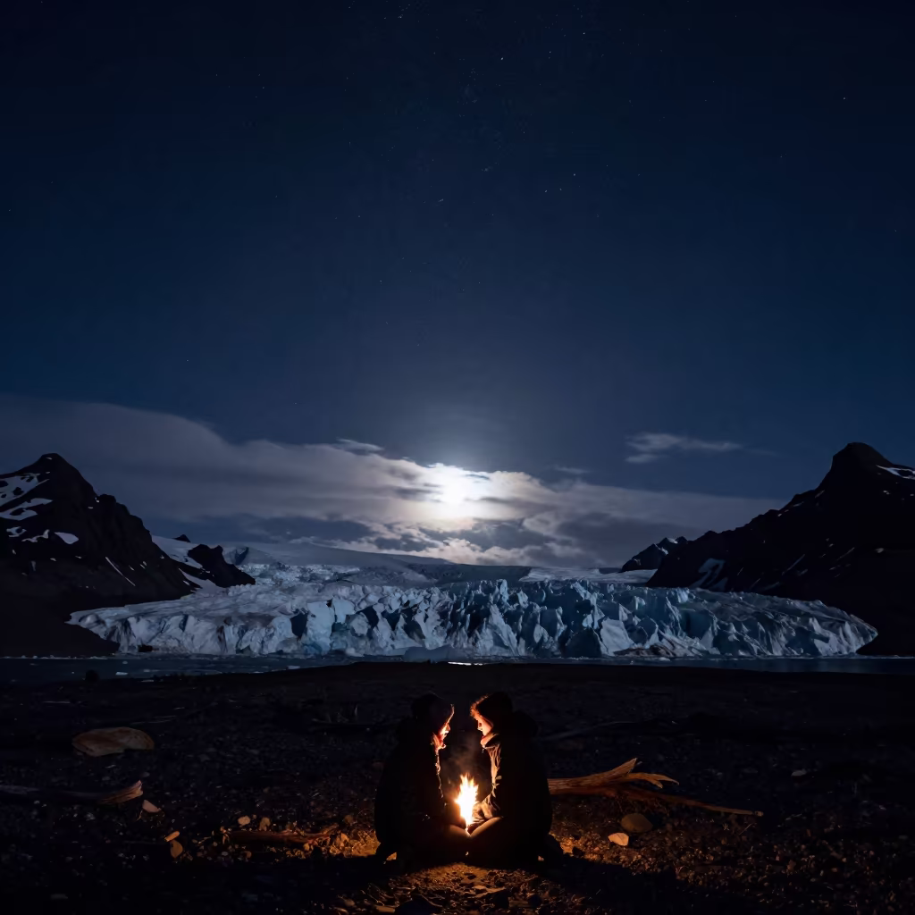 Svalbard Glacier Calving Under Finnish Starry Night in beneath thin cloud gaps and stars in Finland