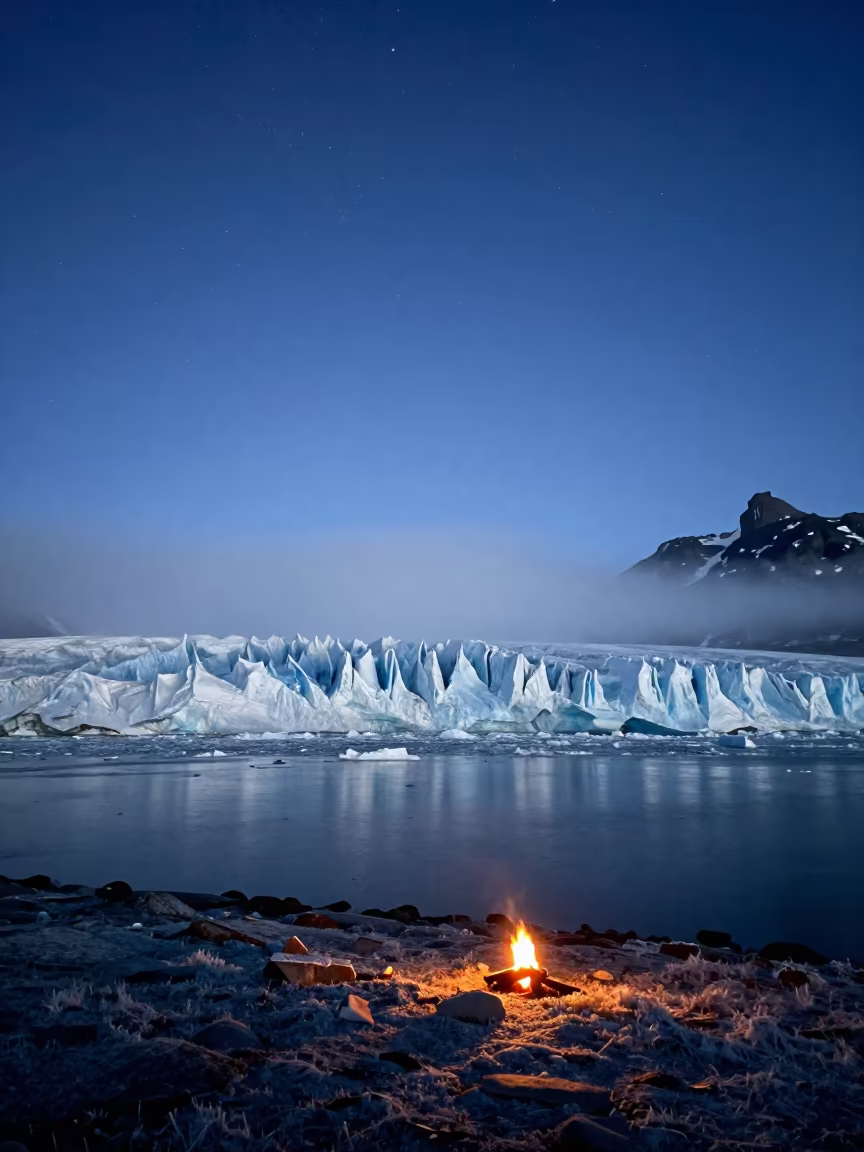 Svalbard Glacier Calving Under Starry Night Sky in from a frost-hushed ridgeline near Fairbanks