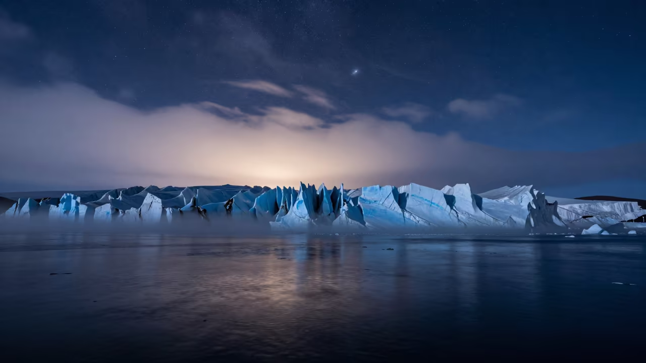 Svalbard Glacier Calving Under Starry Polar Sky in beneath thin cloud gaps and stars in Russia