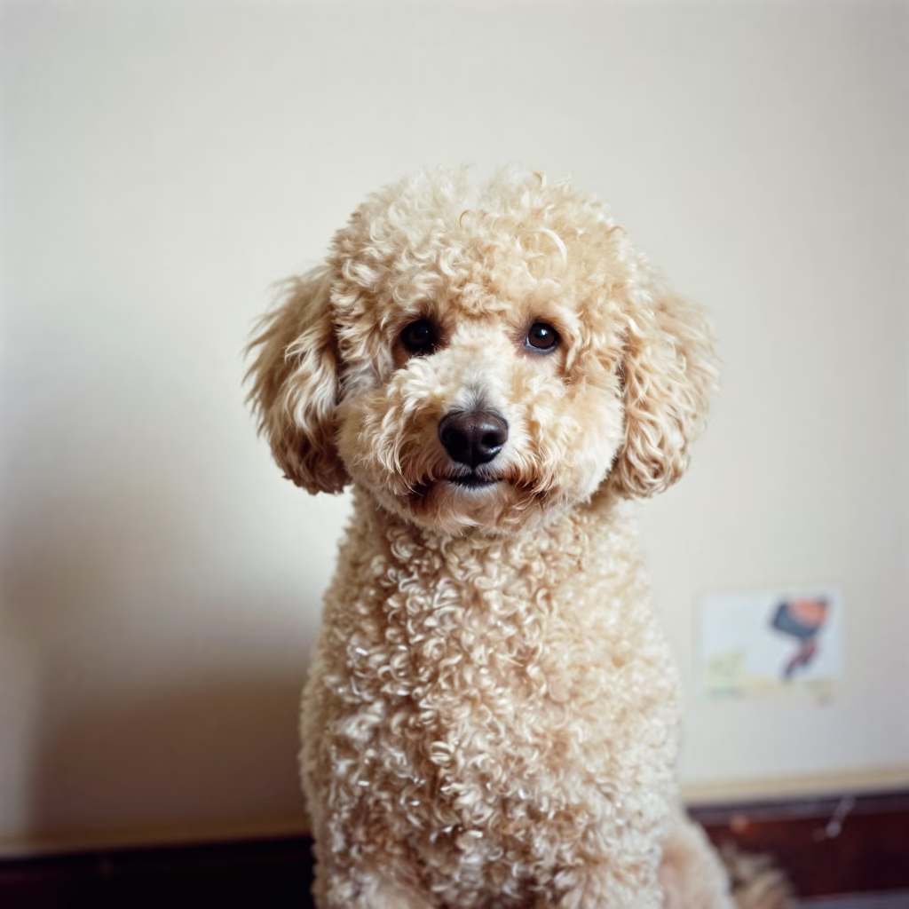 Swabi Poodle Portrait Beside Plaster Wall in beside a plain plaster wall in soft indoor light with the animal centered in frame in Swabi