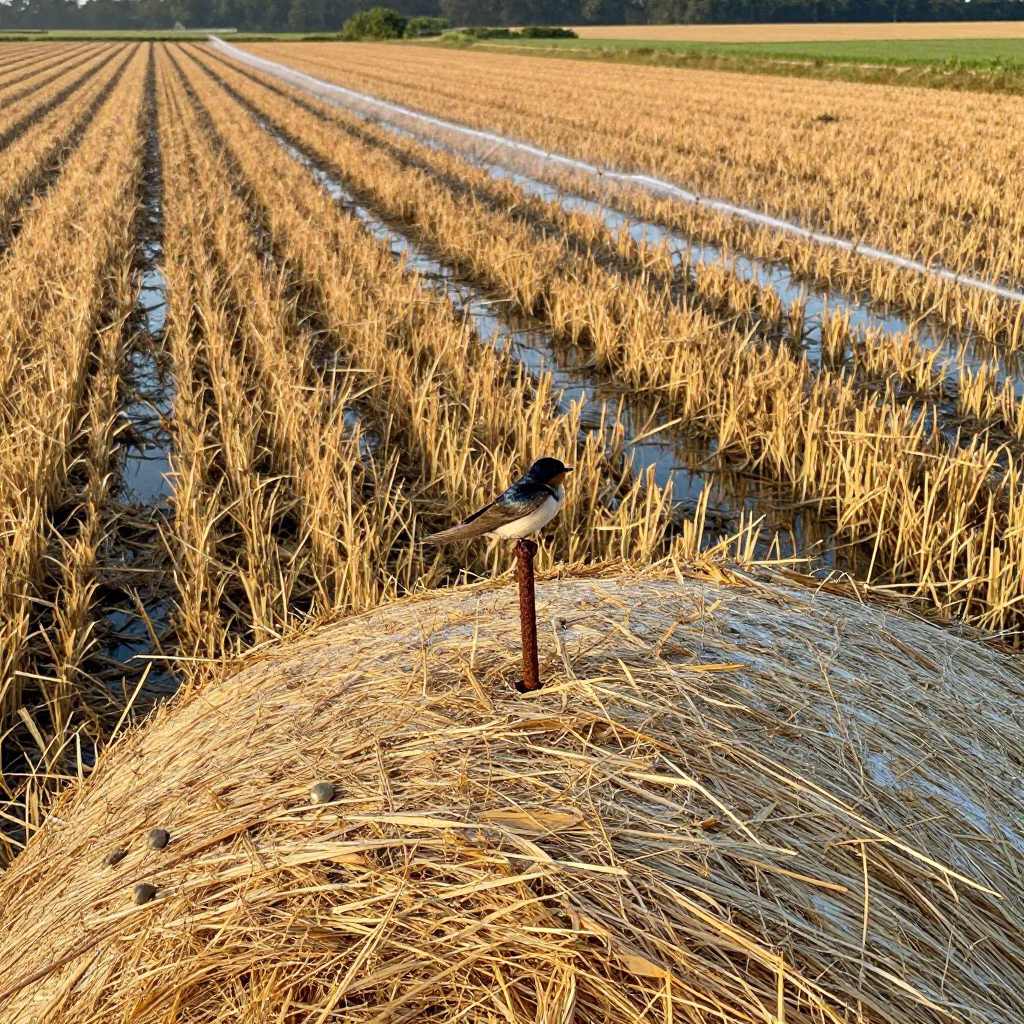 Swallow on Nail Above Hay Sacks at Dawn in beside stacked hay bales in Delaware
