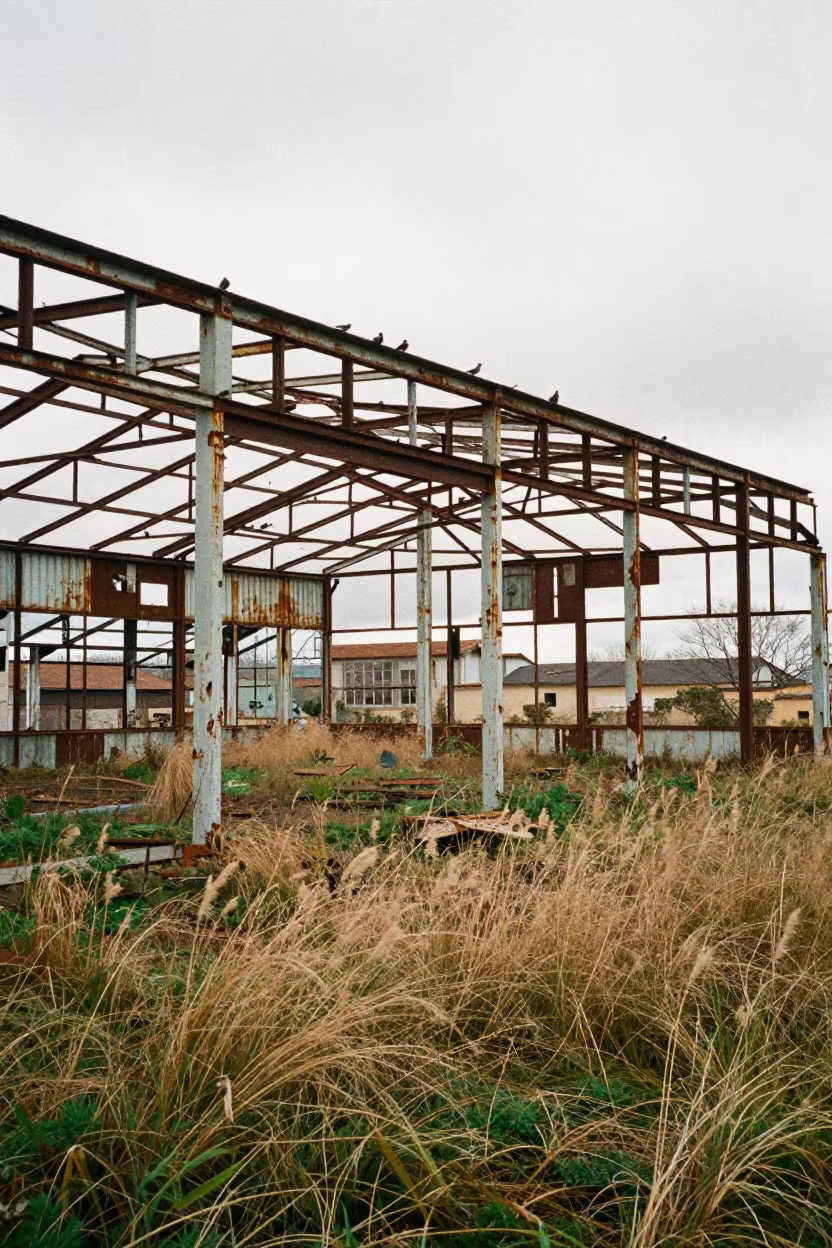 Swallows Circle in Winter Hangar Ruin in through a courtyard reclaimed by grasses near Oviedo