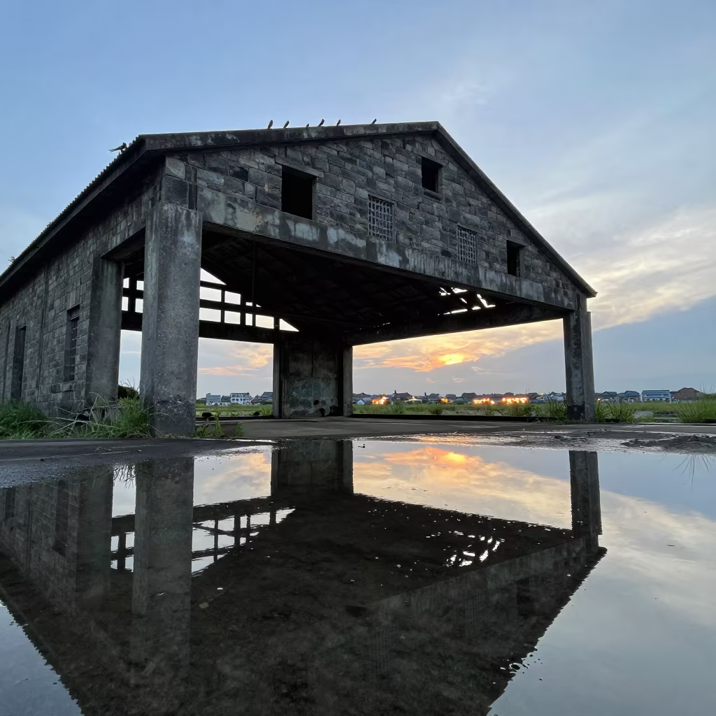 Swallows Circling Over Water Ceiling Hangar Ruin in among roofless stone chambers in Taiwan