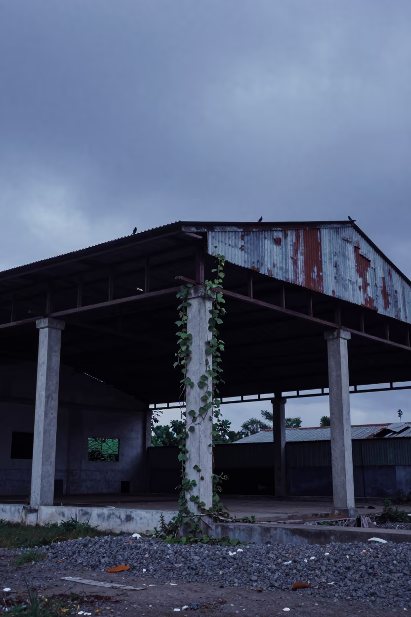 Swallows in Derelict Hangar Twilight in along a vine-choked corridor near Yogyakarta