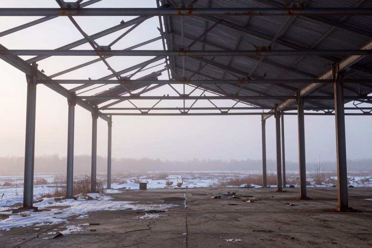 Swallows Nest in Abandoned Hangar Roofless Nave in inside a roofless nave in the Russian Far East