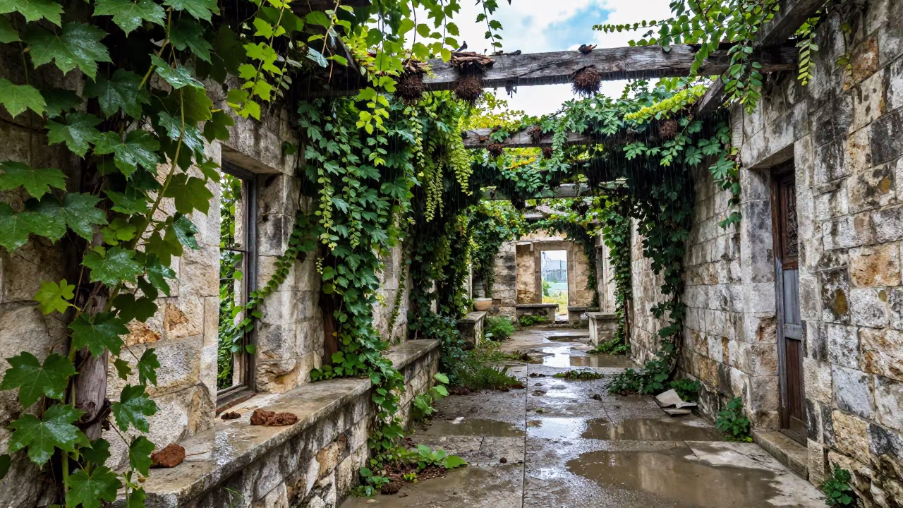 Swallows Nest in Vine Choked Stable Near Irbid in along a vine-choked corridor near Irbid