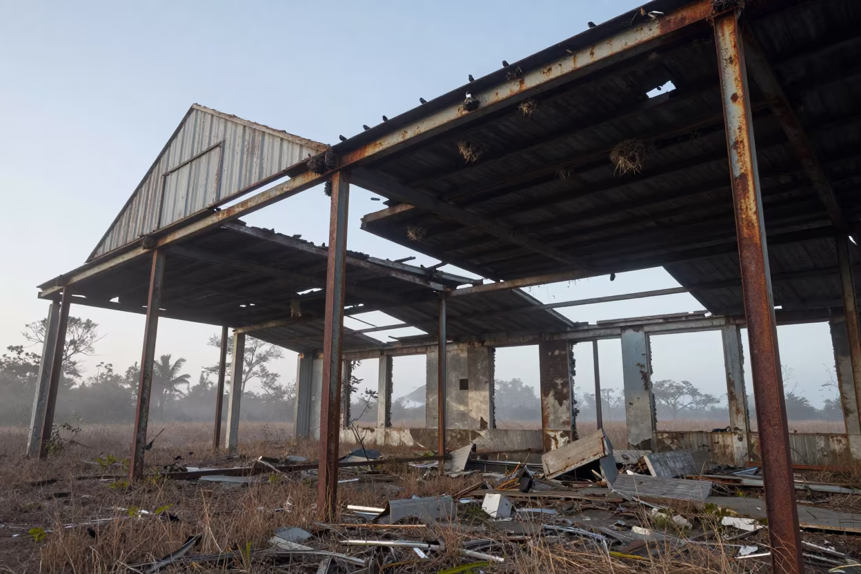 Swallows Nesting in Florida Hangar Dawn Fog in among collapsed cloisters in Florida