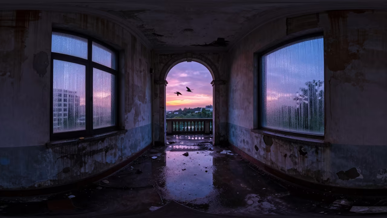 Swallows in Shenzhen Palace Corridor Twilight in along a derelict corridor with peeled paint and pooled water in Shenzhen