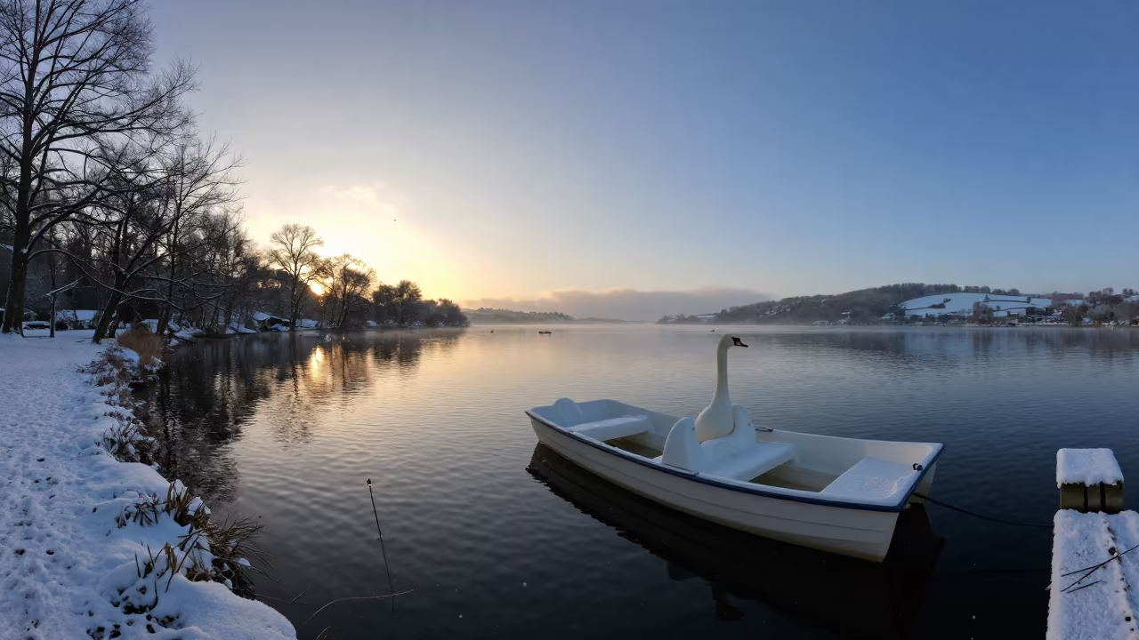 Swan Boat on Cornish Lake at Winter Dawn in in Cornwall