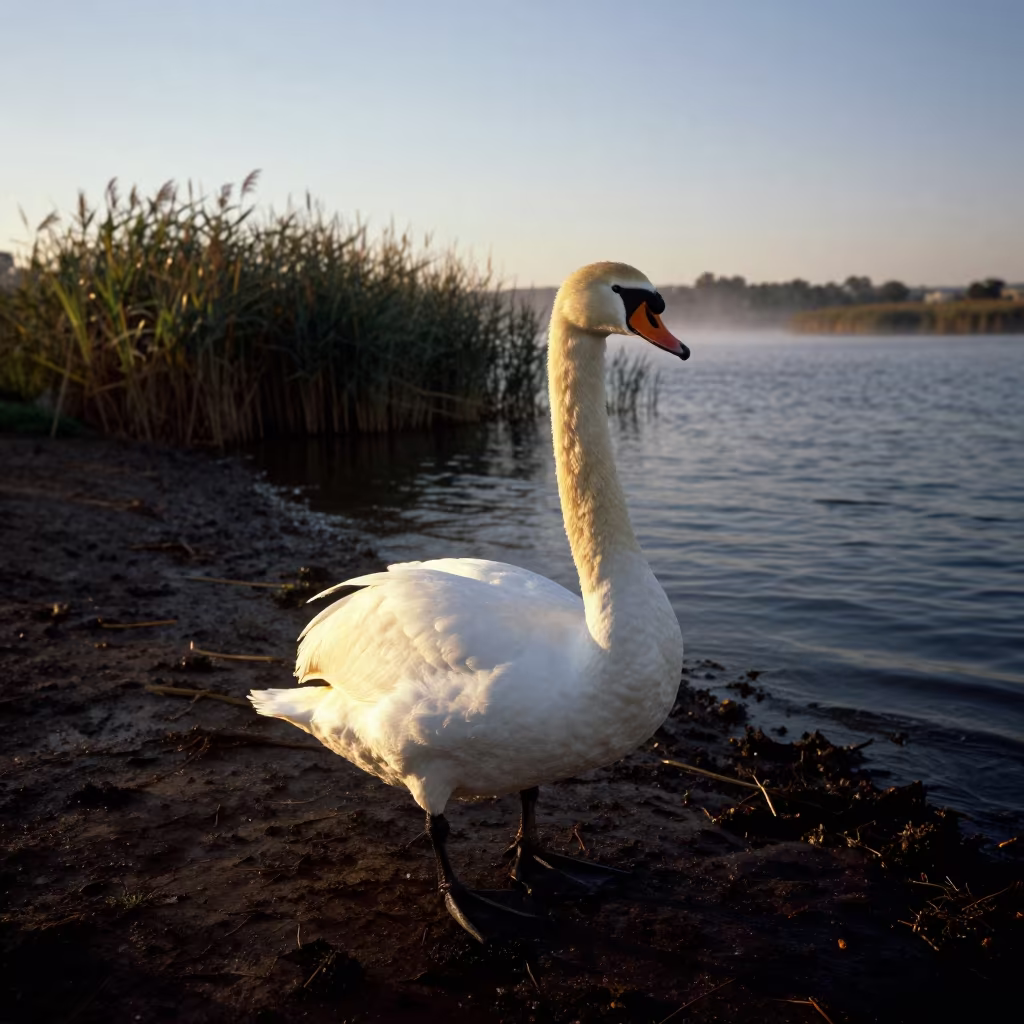 Swan in Misty Morning Shadow Rim Light in beside a tidal inlet near Potchefstroom