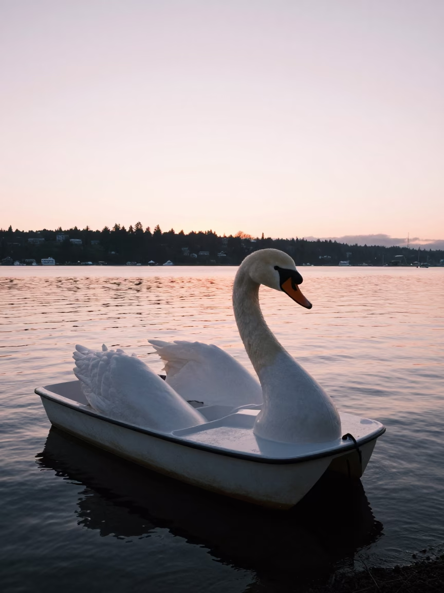 Swan Pedal Boat at Portland Waterfront Park Early Morning Sunrise Reflections in in Portland, Oregon, United States