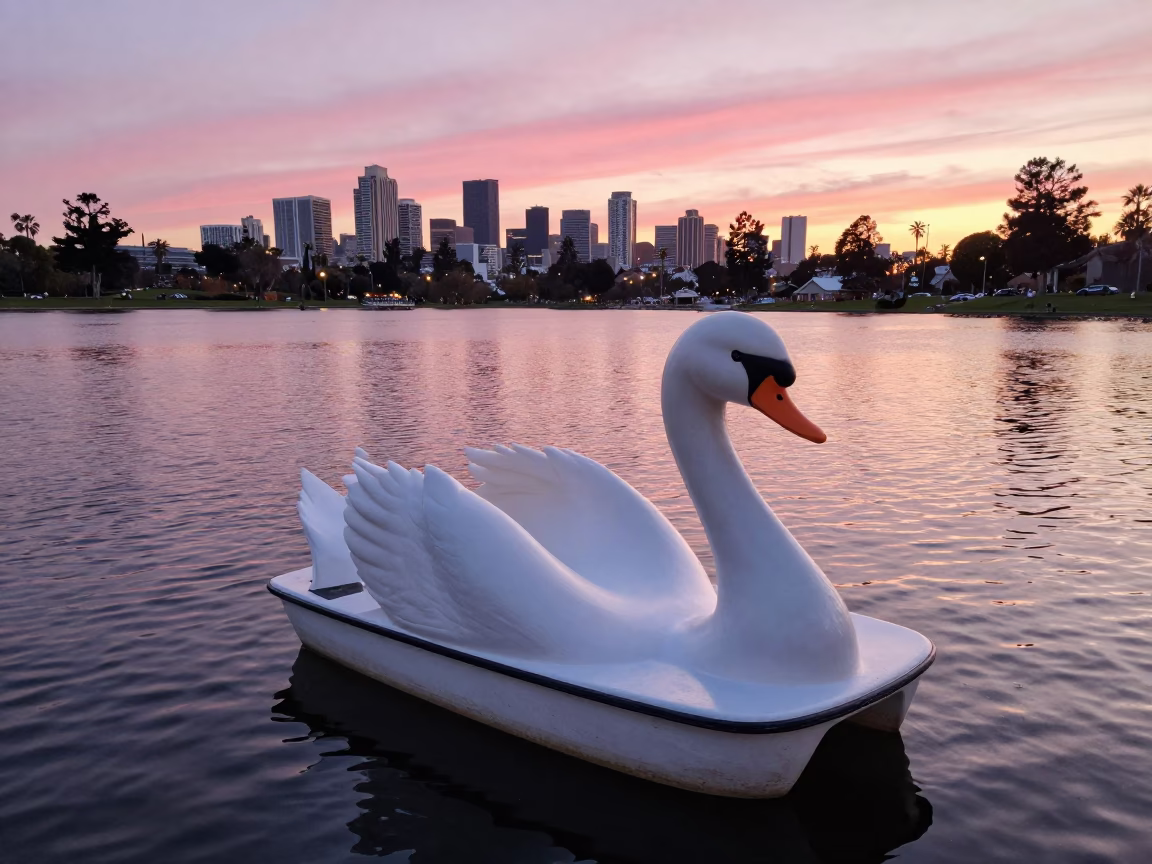 Swan Pedal Boat on Lake San Diego at Sunset with Urban Skyline in in San Diego, California, United States