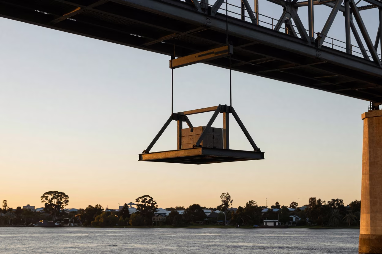 Swan River Bridge Maintenance Cradle in Perth at Golden Hour in in Perth, Western Australia, Australia