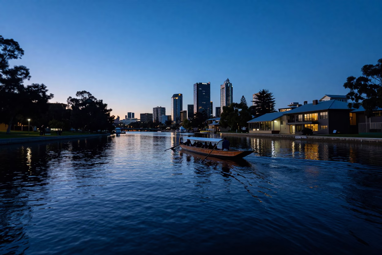 Swan River Punt Guide Poling Past College Gardens in Perth in in Perth, Western Australia, Australia
