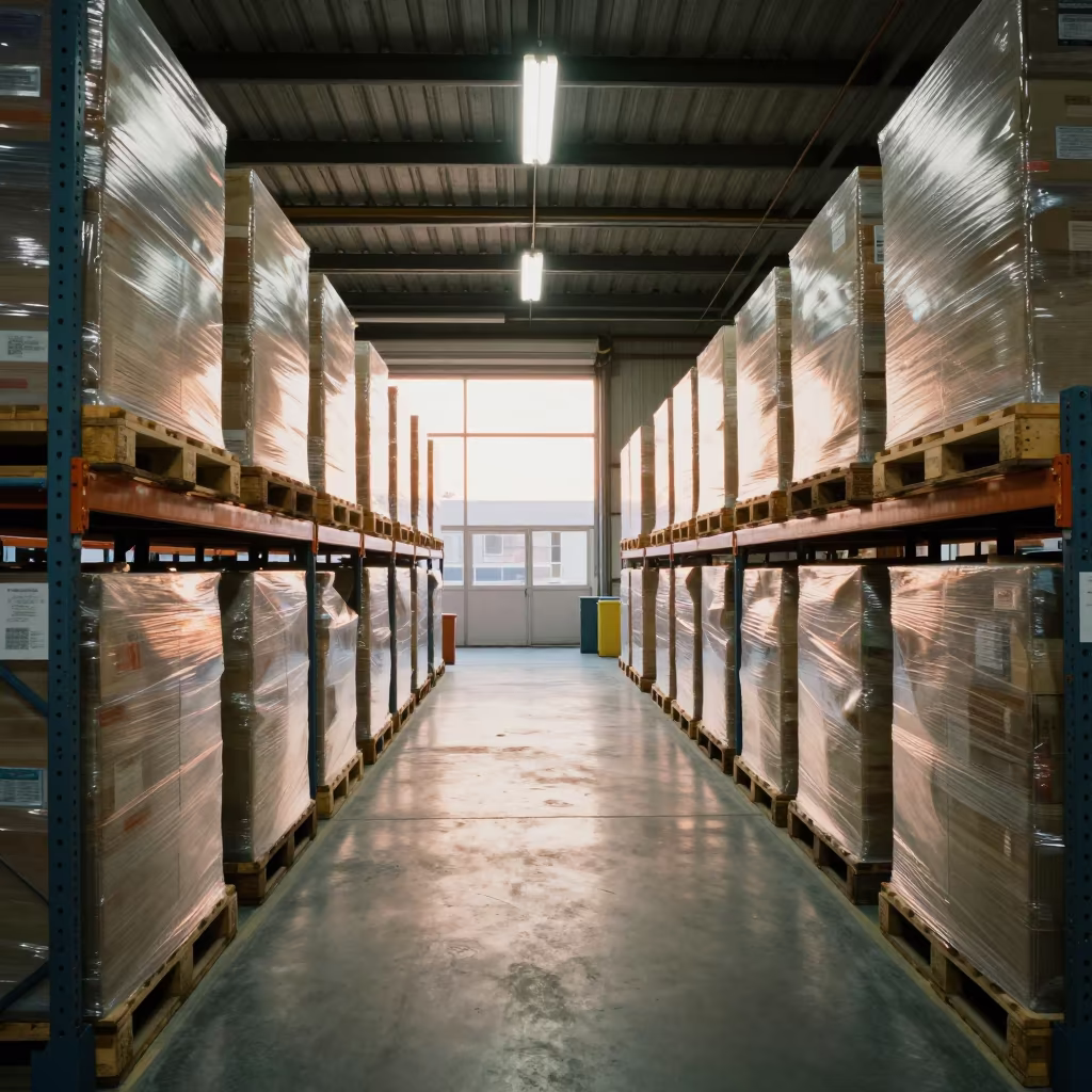 Swansea Warehouse Pallets in Late Afternoon Light in inside a fulfillment packing zone in Swansea