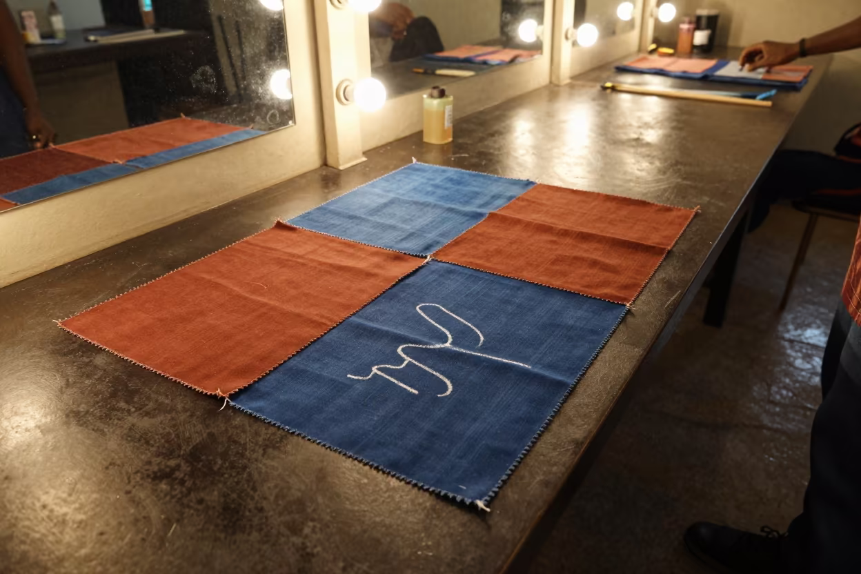 Swatch Board Chalk Marks Atelier Conakry in beside a mirror lined with makeup bulbs in Conakry