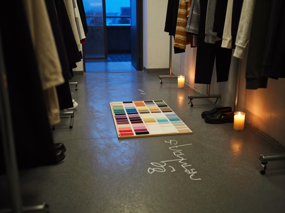 Swatch Board Chalk Marks Backstage Trieste Atelier in in a backstage changing corridor near Trieste