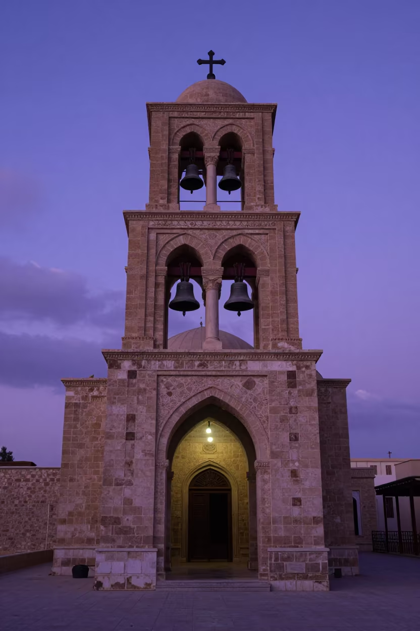 Swaying Bells on Iraq Church Tower at Twilight in along a colonnaded facade in Iraq