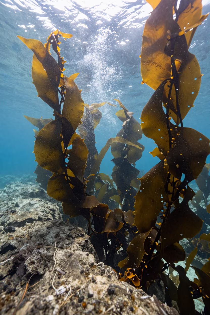 Swaying Kelp Forest Gwangalli Busan Underwater in beside a tide-cut rock ledge under clear water near Gwangalli, Busan