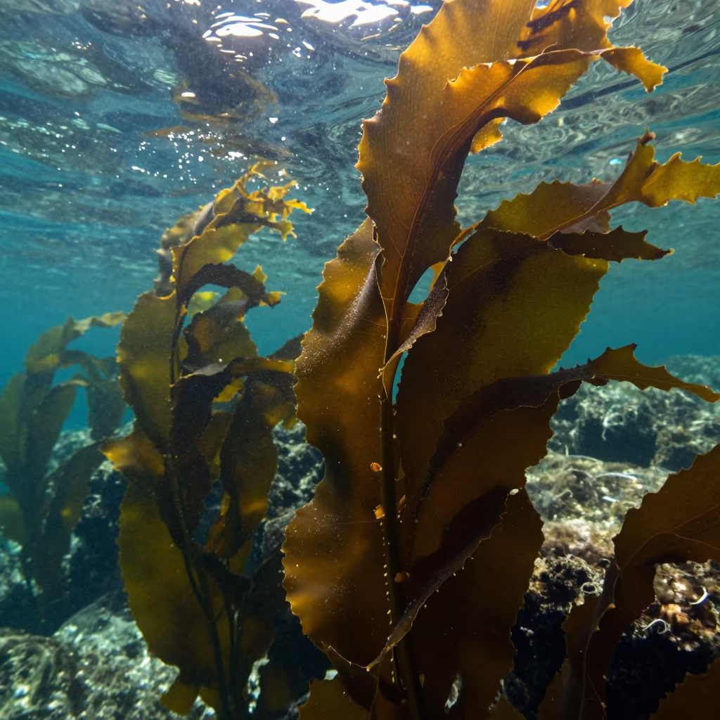Swaying Kelp Forest Under Noon Sunlight in through kelp fronds beside a rocky shelf in Fort, Mumbai
