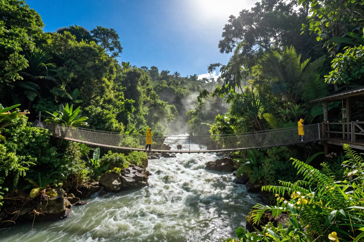 Swaying Rope Bridge Over Jungle Gorge Jamaica Noon in in Jamaica
