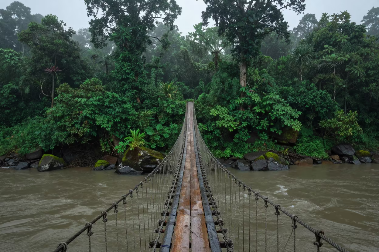 Swaying Rope Bridge Over Monsoon Gorge at Dawn in in West Bengal
