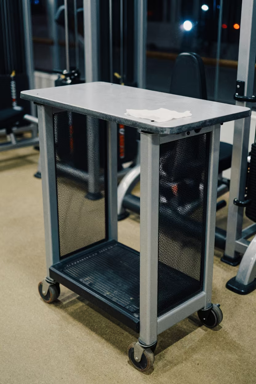 Sweat and Rubber on Gym Cart at Night in at a gym check-in desk in Ghaziabad