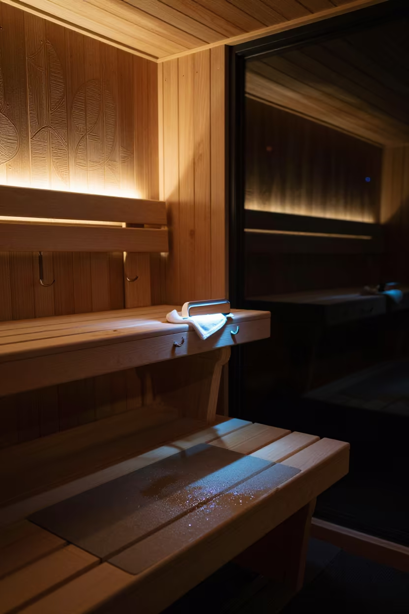 Sweat and Rubber Sauna Hook Rail in Twilight Spin Studio in inside a spin studio under class lights in Saint-Marc